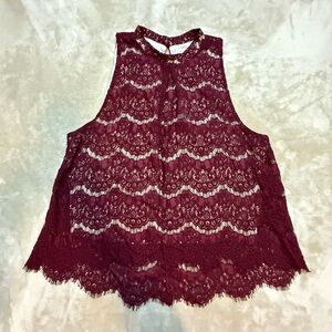 Elegant Burgundy Lace Sleeveless Top Women's Size XL Lined Blouse